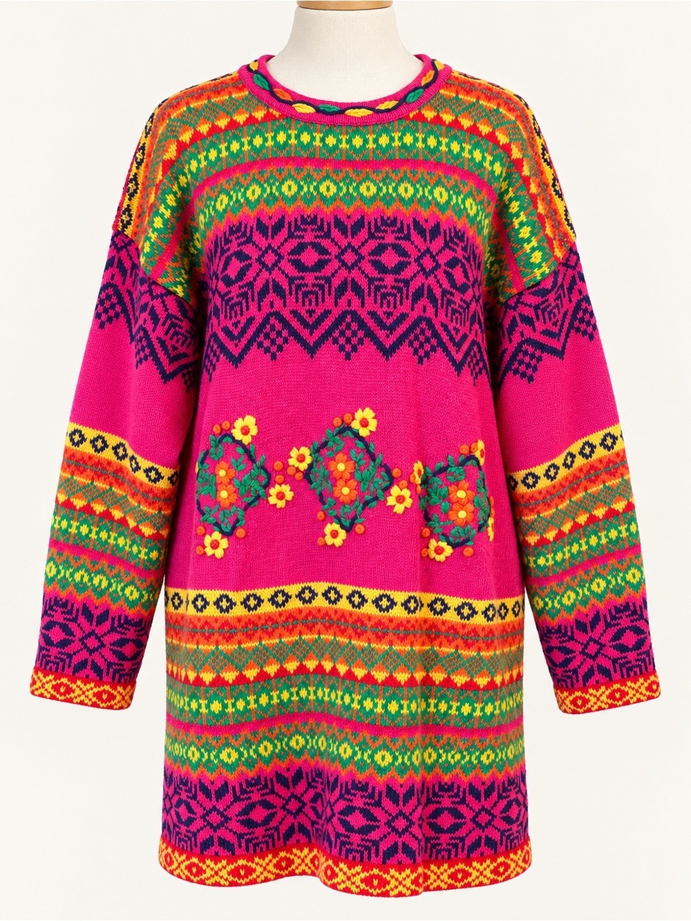 Vintage 1980s Interim • Fair Isle Floral Embroidered Sweater Tunic • Size L